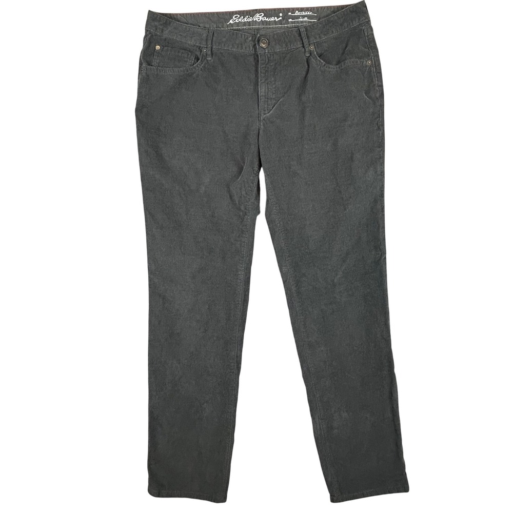Eddie Bauer‎ Gray Corduroy Pants Womens 12 Boyfriend Fit Slim Leg Charcoal Grey